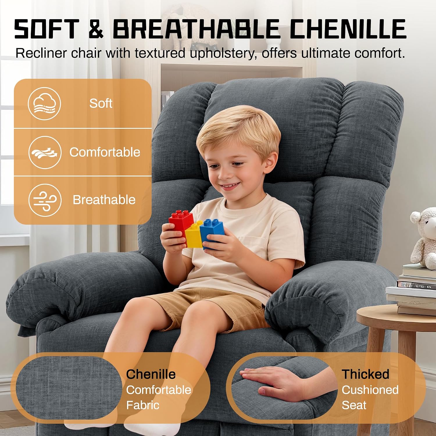 Korser Recliner Chair for Living Room, Manual Recliner with Thick Upholstered & Side Pockets, Small Recliner for Small Spaces, Lounge Chair for Nursery Bedroom Apartment RV, Chenille