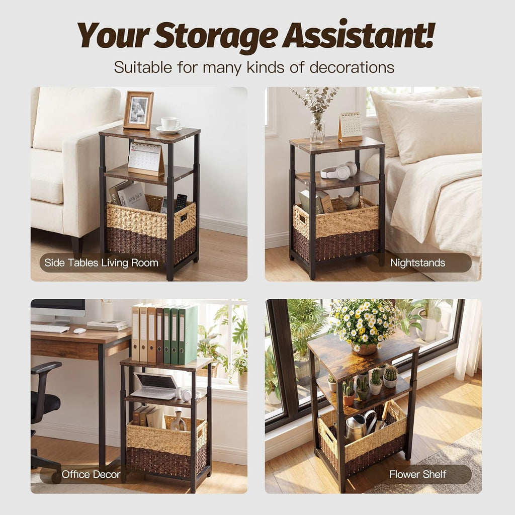 Side Table with Storage Basket, Small End Table with Modern Design and Adjustable Height for Living Room, Bedroom Nightstand Bedside Table for Small Spaces (Rustic Brown + Classic Black)