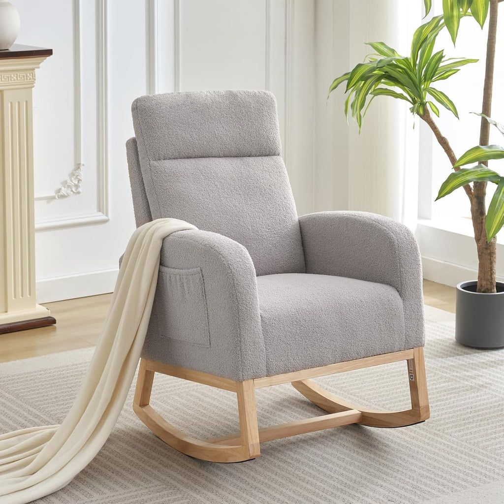 Modern Nursery Rocking Chair,Teddy Upholstered Glider with 26" High Backrest, Padded Seat for Living Room, Bedroom, Reading
