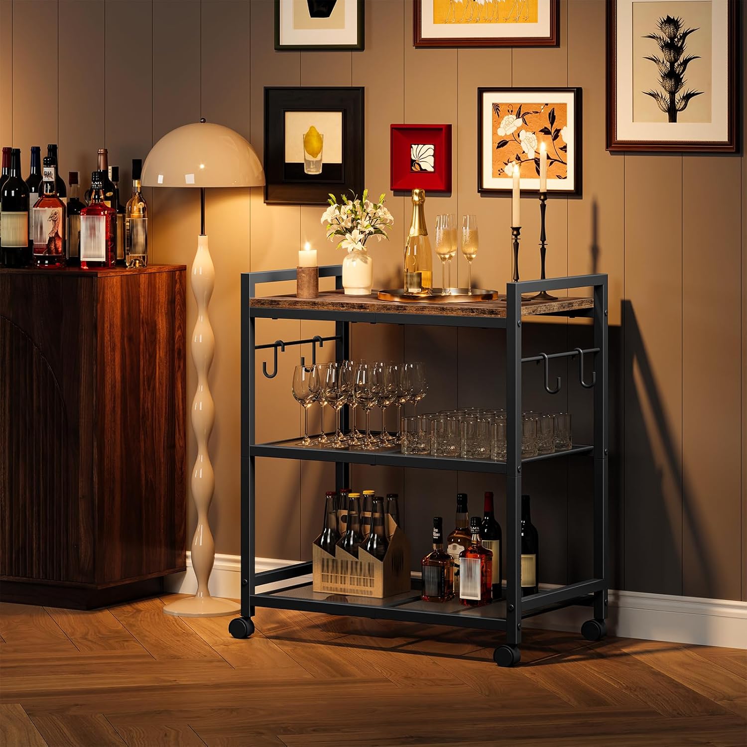 CHOEZON 3-Tier Rolling Bar Cart, Vintage Metal Kitchen Cart with Wheels, Mobile Storage Shelf, Rolling Microwave Stand with Mesh Shelves for Home Bar, Kitchen, Rustic Brown and Black TTC06BF