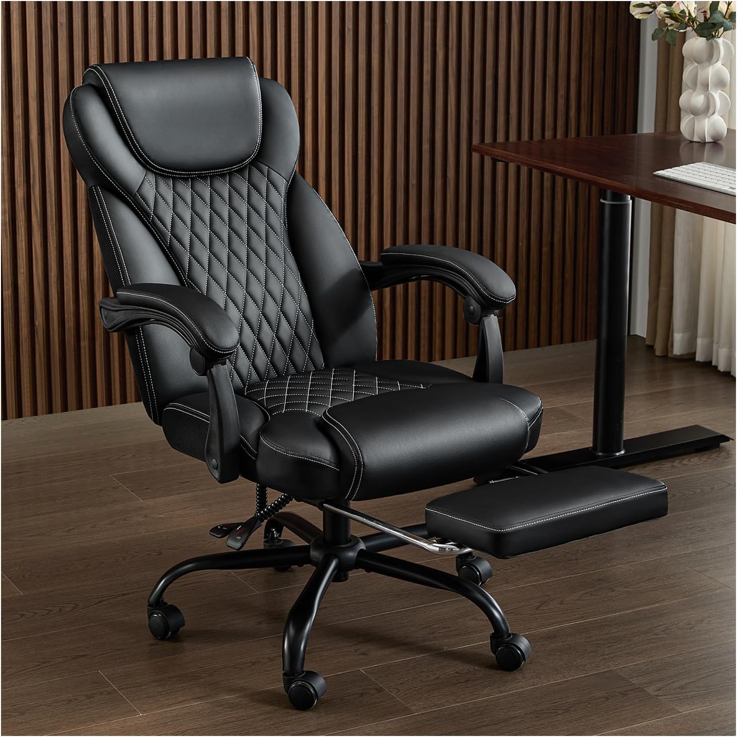 amseatec Big and Tall Office Chair with Footrest, Ergonomic Leather High Back Computer Chair Infinite Lock Reclining 90°-135°,20 Spring Packs,300lbs Executive Desk Chair for Home Office（Black）
