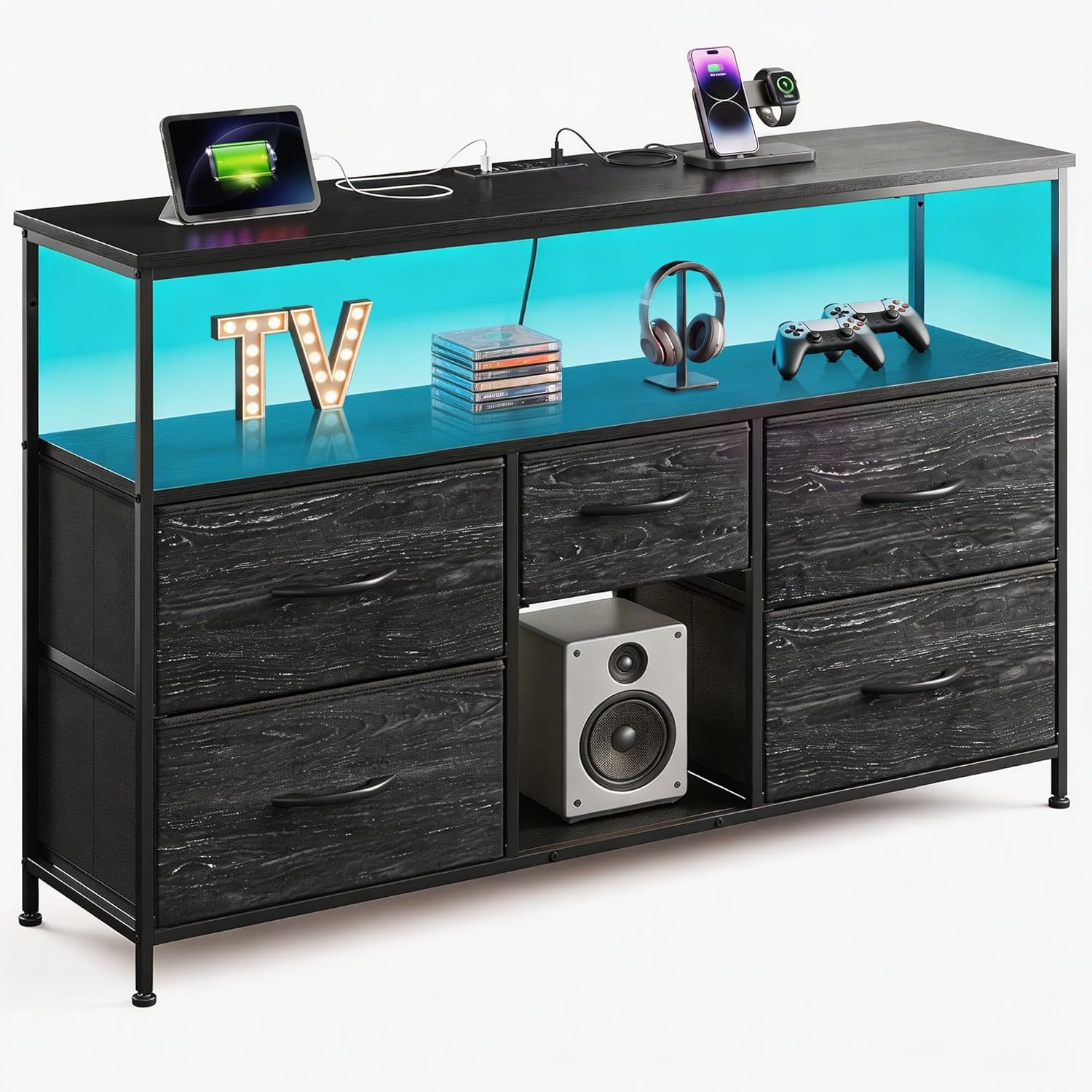 Romorgniz Black TV Stand for 45/50" TVs, 5 Deep Drawers&Led Lights&Outlets | Small Dresser For Bedroom&Studio,Strong Metal Frame For Stability,Spacious Shelves Display Collections&Keep Things Organized