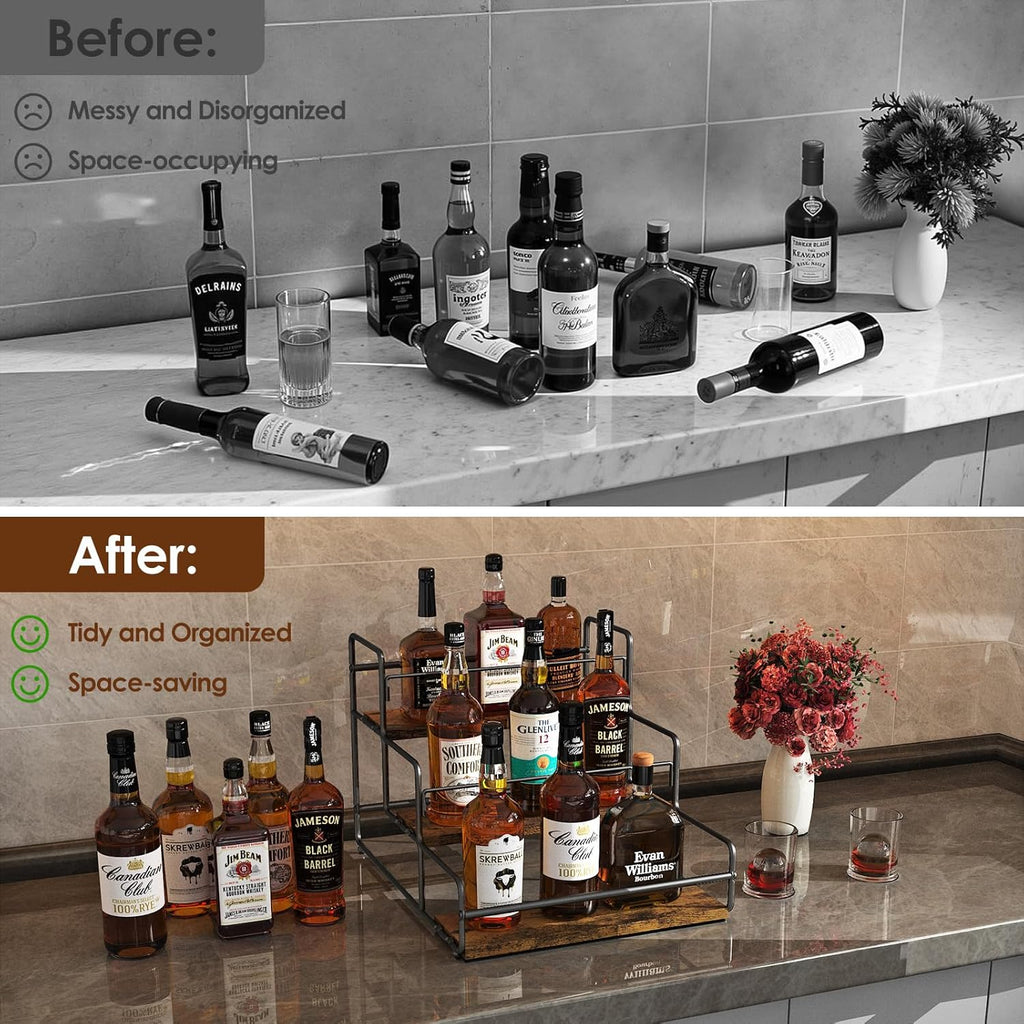 Nuovoware Liquor Bottle Display Shelf, 3 Step Wine Rack Countertop Liquor Shelf, Mini Bar Liquor Cabinet Kitchen Coffee Bar Shelf Stand for Whiskey, Black