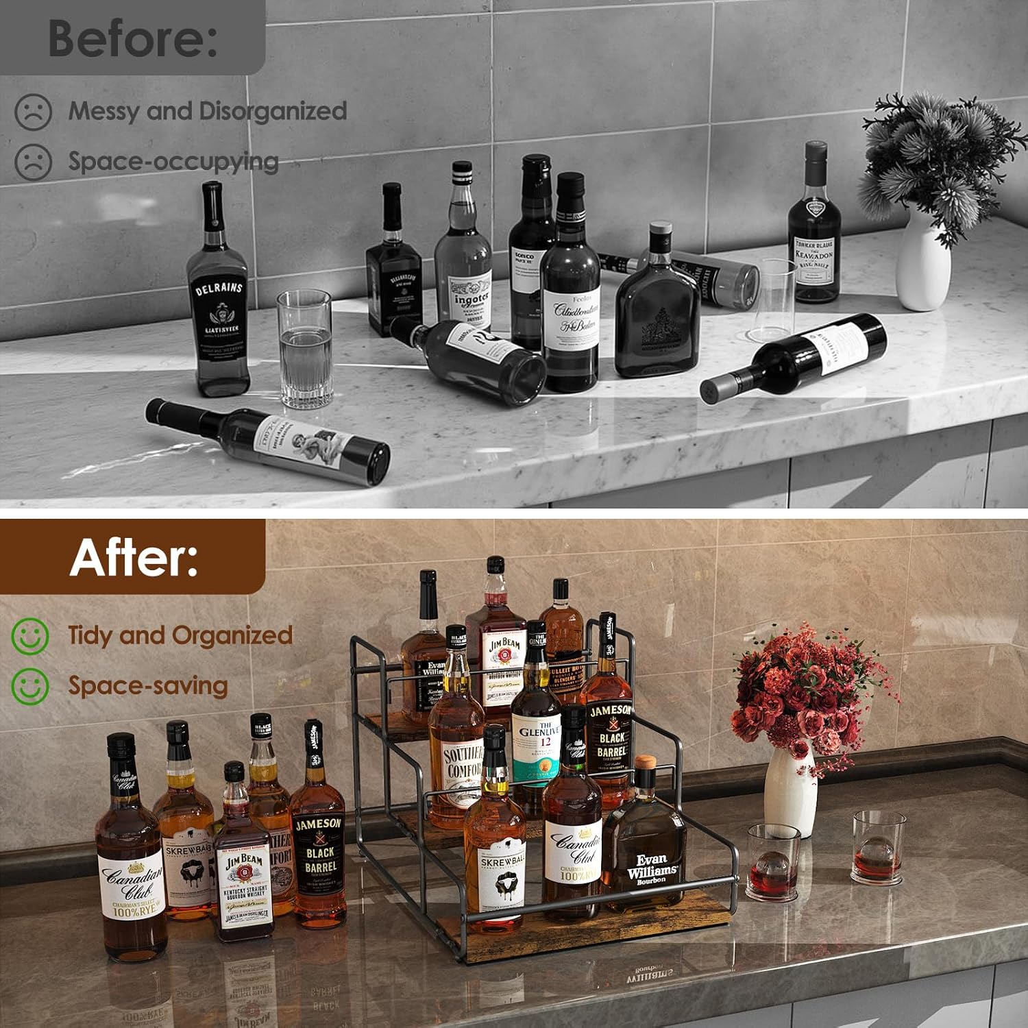Nuovoware Liquor Bottle Display Shelf, 3 Step Wine Rack Countertop Liquor Shelf, Mini Bar Liquor Cabinet Kitchen Coffee Bar Shelf Stand for Whiskey, Black