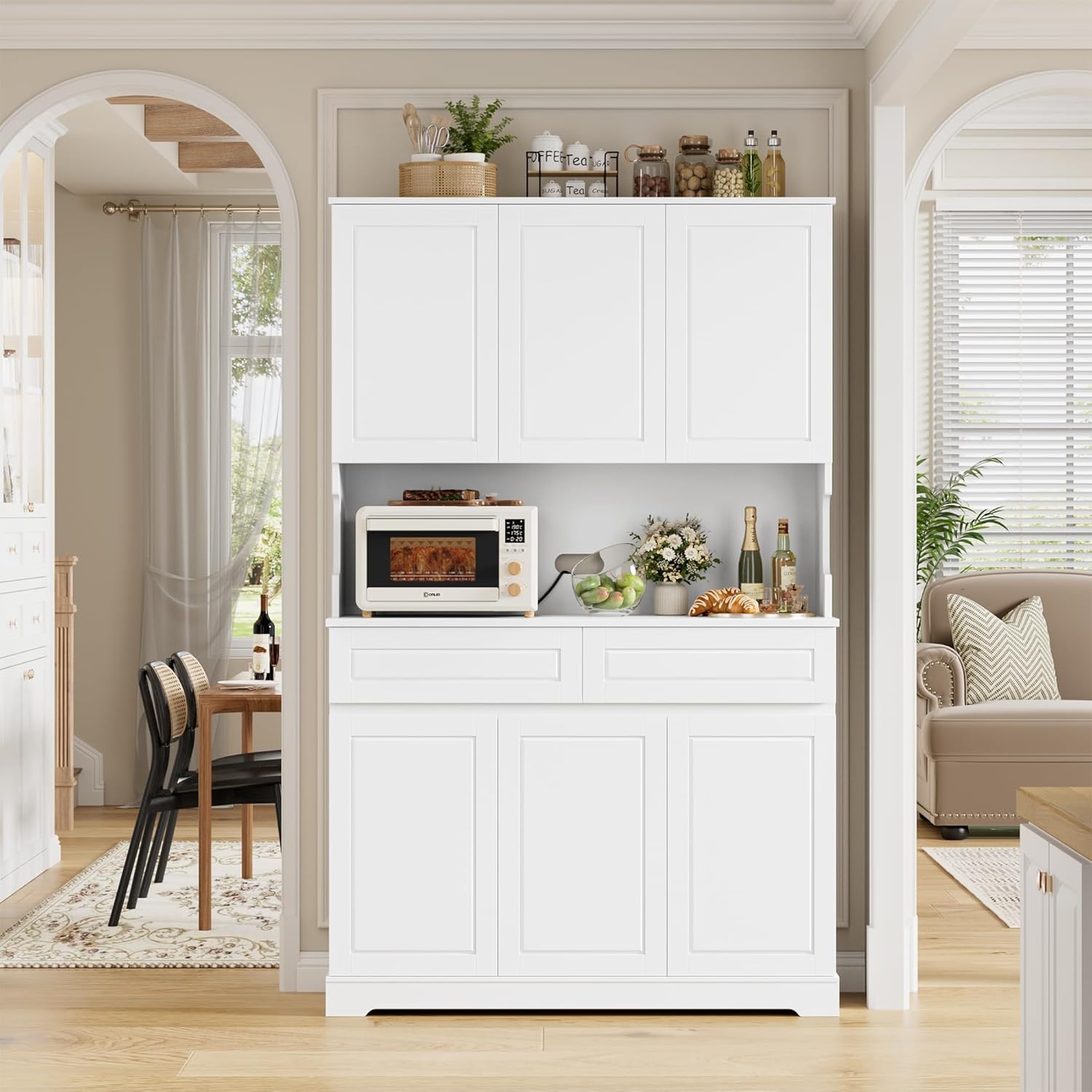 FACBOTALL 74" Pantry Cabinet, Tall Kitchen Pantry Cabinet with 6 Doors and 2 Drawers, Kitchen Hutch with Wide Countertop, Modern Kitchens Cupboard with Adjustable Shelves and Charge Holes, White