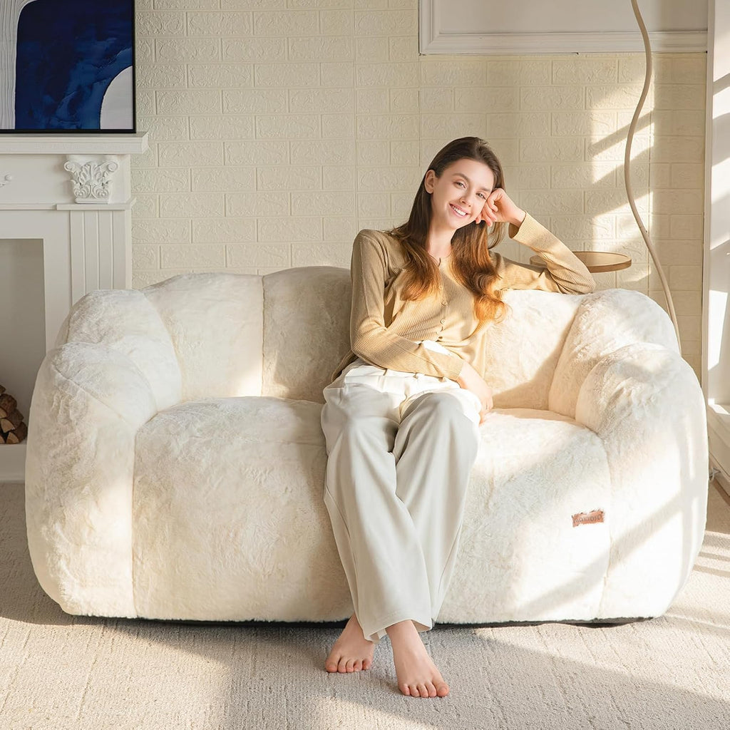 MAXYOYO Bean Bag Chair for Adults, Floral Shaped Bean Bag Sofa | Ultra Soft Faux Fur Floor Sofa, Large Reading Chair for Living Room Bedroom, Beige, Double