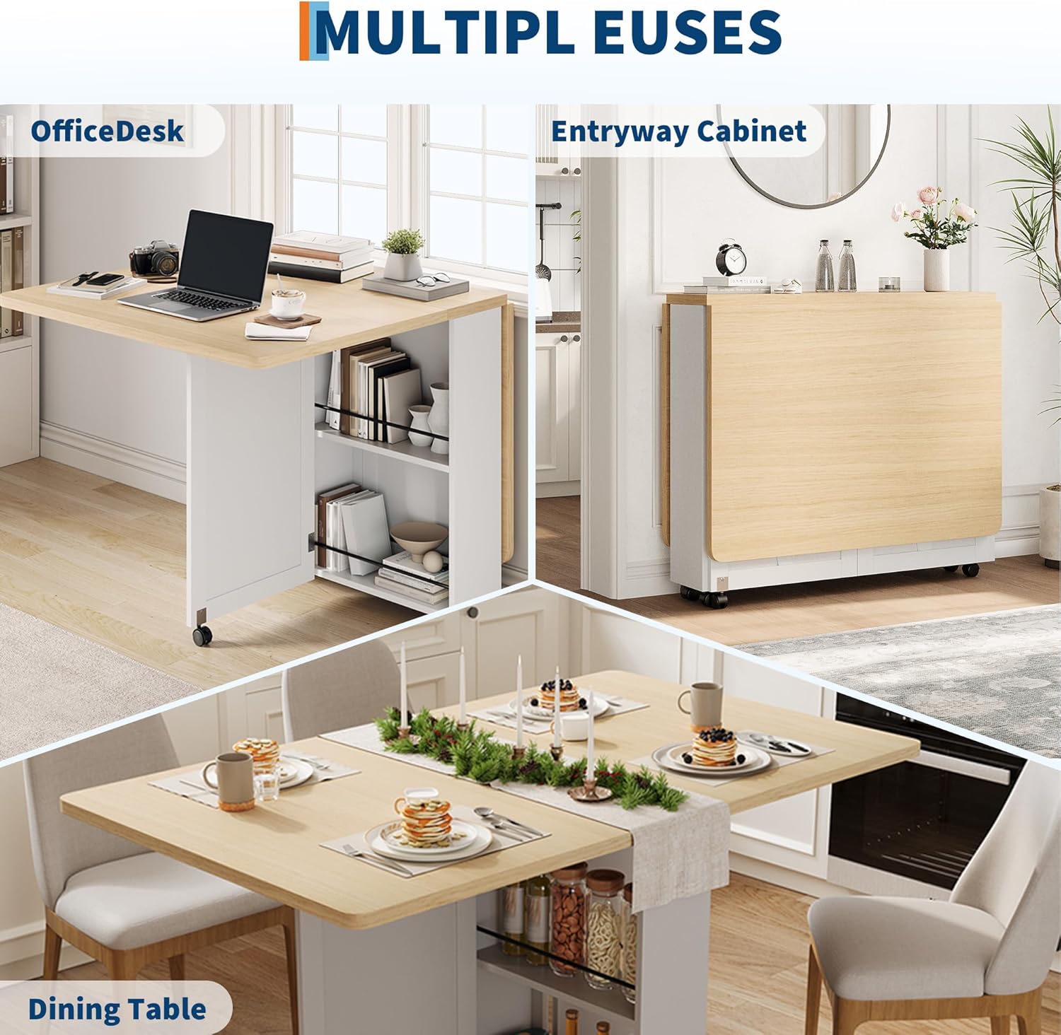 IDEALHOUSE Folding Dining Table, Folding Kitchen Table with Drawers and Storage, Apartments, Small Spaces, White