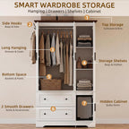YESHOMY Armoire Wardrobe Closet with Drawers, 70.9" H x 21.1" D Wooden Closet with Hanging Rod, Fixed Shelves & Bottom Cabinet, Soft-Close Doors, Ball-Bearing Slides (White)
