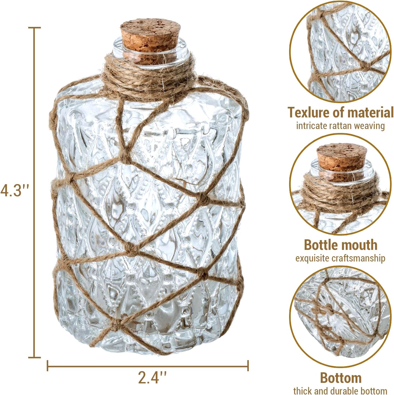 MyGift Set of 2 Rustic Embossed Glass Bud Vases with Cork Lids and Hand-Woven Hemp Rope – Apothecary Style Decorative Bottles for Farmhouse, Vintage, or Boho Home Decor