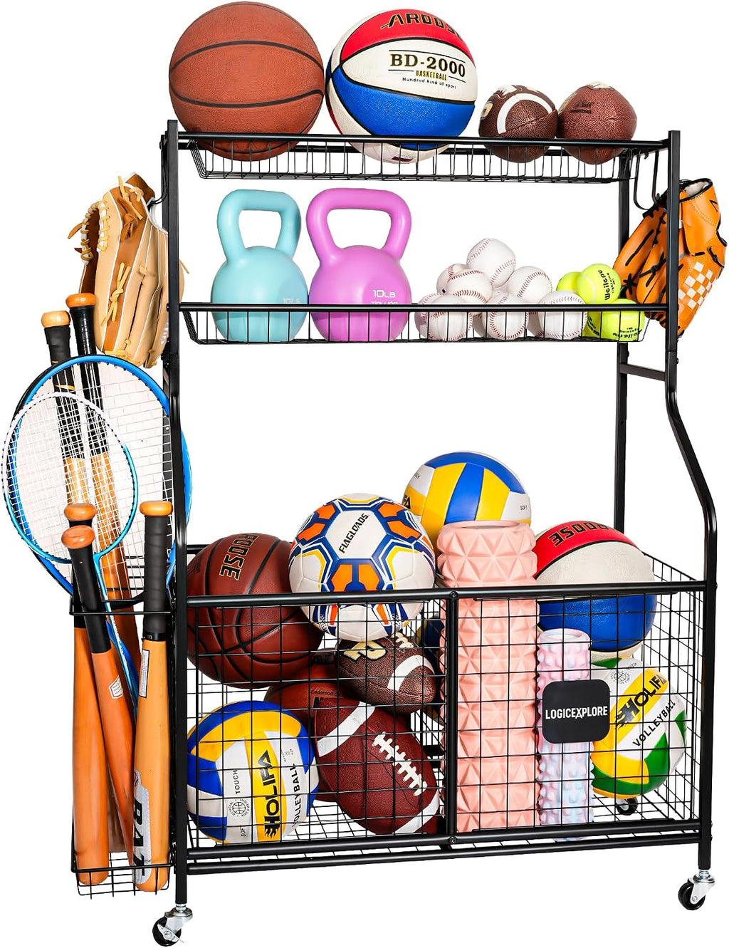Sports Equipment Storage Organizer Rack with Rolling Wheels, Garage Ball Storage Cart for Basketball, Soccer, Baseball, Heavy-Duty Metal Sports Rack for Garage, Home, School Gym