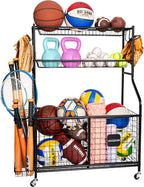 Sports Equipment Storage Organizer Rack with Rolling Wheels, Garage Ball Storage Cart for Basketball, Soccer, Baseball, Heavy-Duty Metal Sports Rack for Garage, Home, School Gym