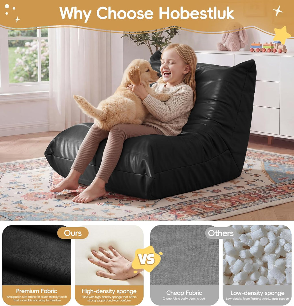 Hobestluk Bean Bag Chair for Kids Toddler Bean Bag Chair with Memory Foam Filler Leather Beanbag with Spacious Design Bean Bag Couch for Reading Gaming Relaxing (Black, Small)