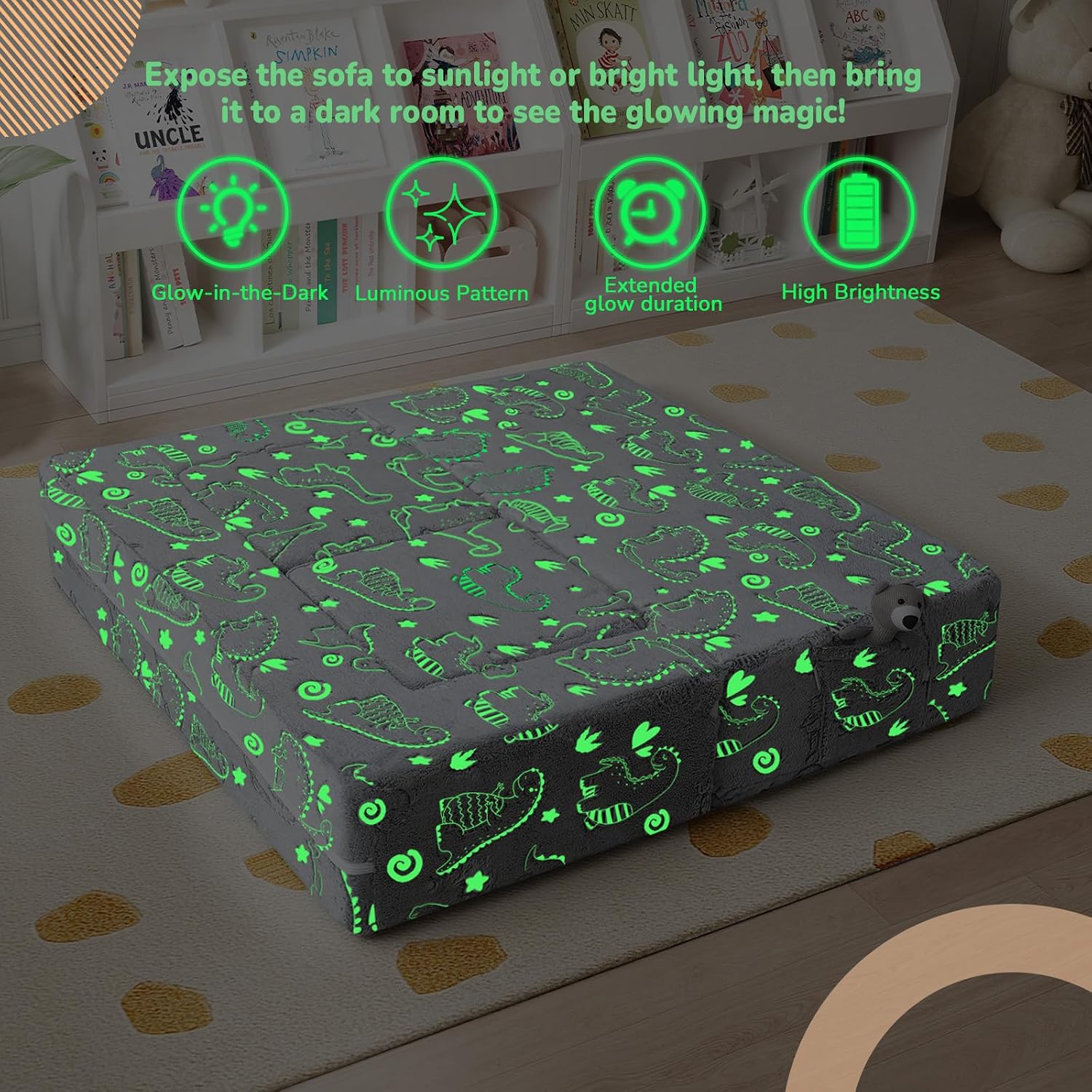 MeMoreCool Dinosaur Glow Foam Kids Play Couch Set, Gray Modular Sofa & Lounger – Glow-After-Light Dinosaur Pattern, Machine-Washable Cover