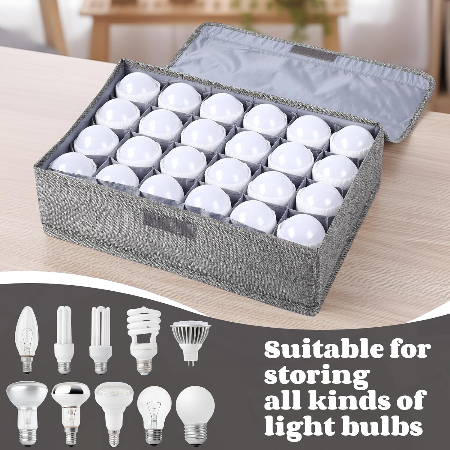 1 Pcs Light Bulb Organizer Storage Box Ornament Storage with 30 Dividers Foldable Bulbs Organizer with Lid Sturdy PP Board Fits Various Standard Dustproof Fabric Case for Home Vbs (Grey)