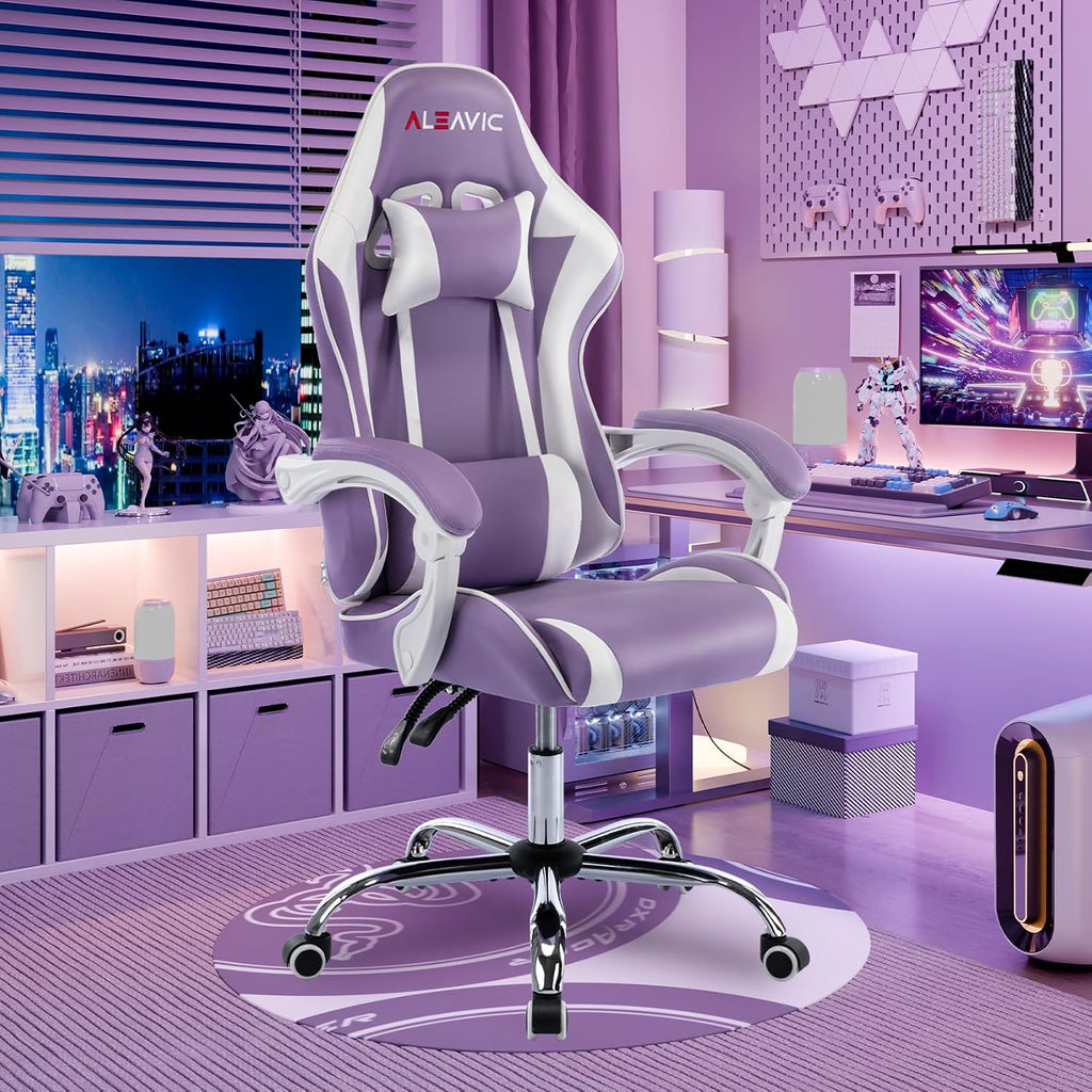 Gaming Chair with Massager, Fabric Gaming Chairs for Adults, Ergonomic Gamer Chair with Adjustable Headrest and Lumbar Support, Reclining Computer Game Chair, High Back, Purple
