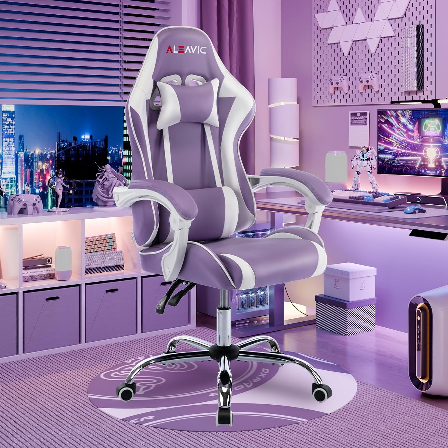 Gaming Chair with Massager, Fabric Gaming Chairs for Adults, Ergonomic Gamer Chair with Adjustable Headrest and Lumbar Support, Reclining Computer Game Chair, High Back, Purple