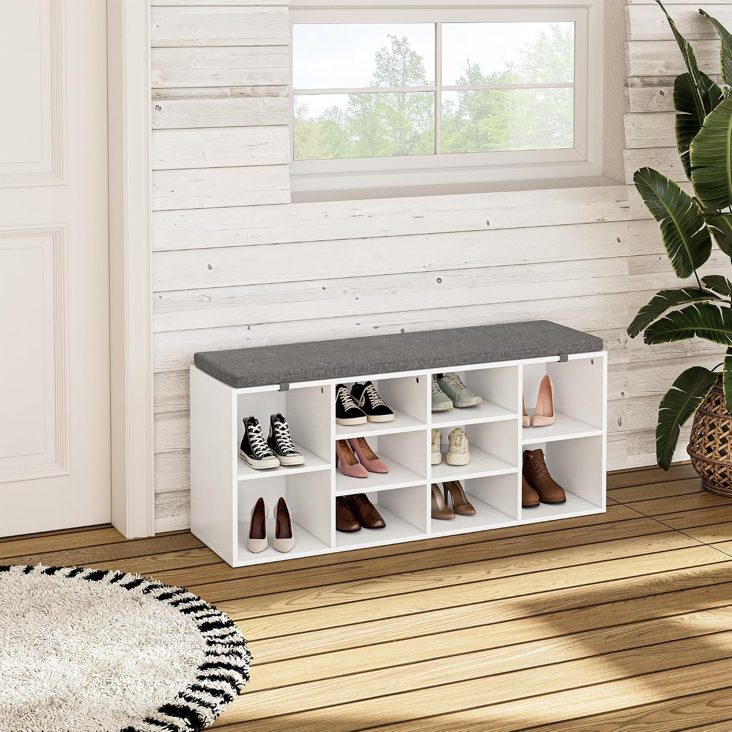 41" Shoe Storage Bench with Cushion, Entryway Shoe Rack with 10 Cubbies, Multifunctional Shoe Organizer Bench for Hallway, Bedroom, Living Room, White