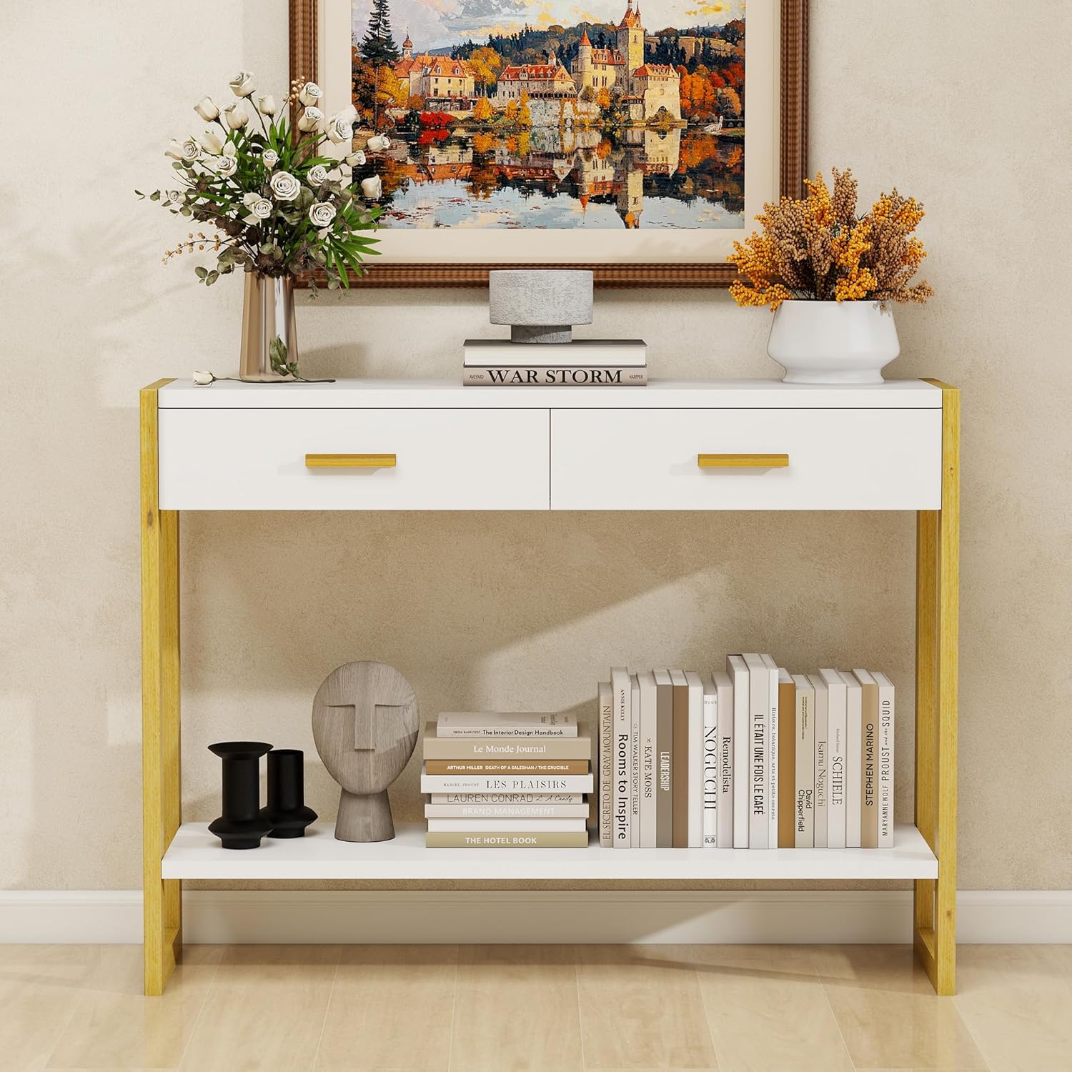 Entryway Table, Sofa Table with 2 Drawers and Storage Shelf, Console Table with Reinforced Legs for Living Room, Entrance, White