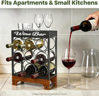 9 Bottles Wine Racks Countertop Freestanding with Top Tray, Modern Black Metal &Wood, 3 Tier Tabletop Wine Holder Stand for Home Kitchen Bar, Cabinet, Pantry, Wine Bottle Storage
