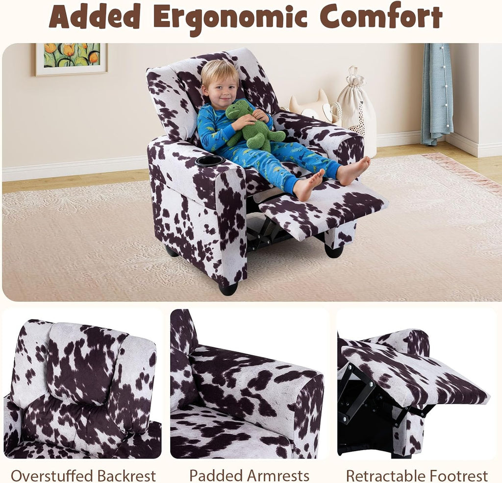 GLACER Kids Recliner with Cup Holder, Velvet Toddler Lounge Chair w/Adjustable Backrest & Footrest, Spring-Loaded Seat Cushion, Push Back Toddler Sofa for Boys & Girls Ages 3+ Years Old (Cow)