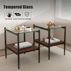 Modern Rectangle End Table Set of 2, Tempered Glass Tabletop with MDF Shelf, 19.1 Inch Side Table Pair for Living Room Bedroom, Easy Assembly Iron Leg Tables,Style 1