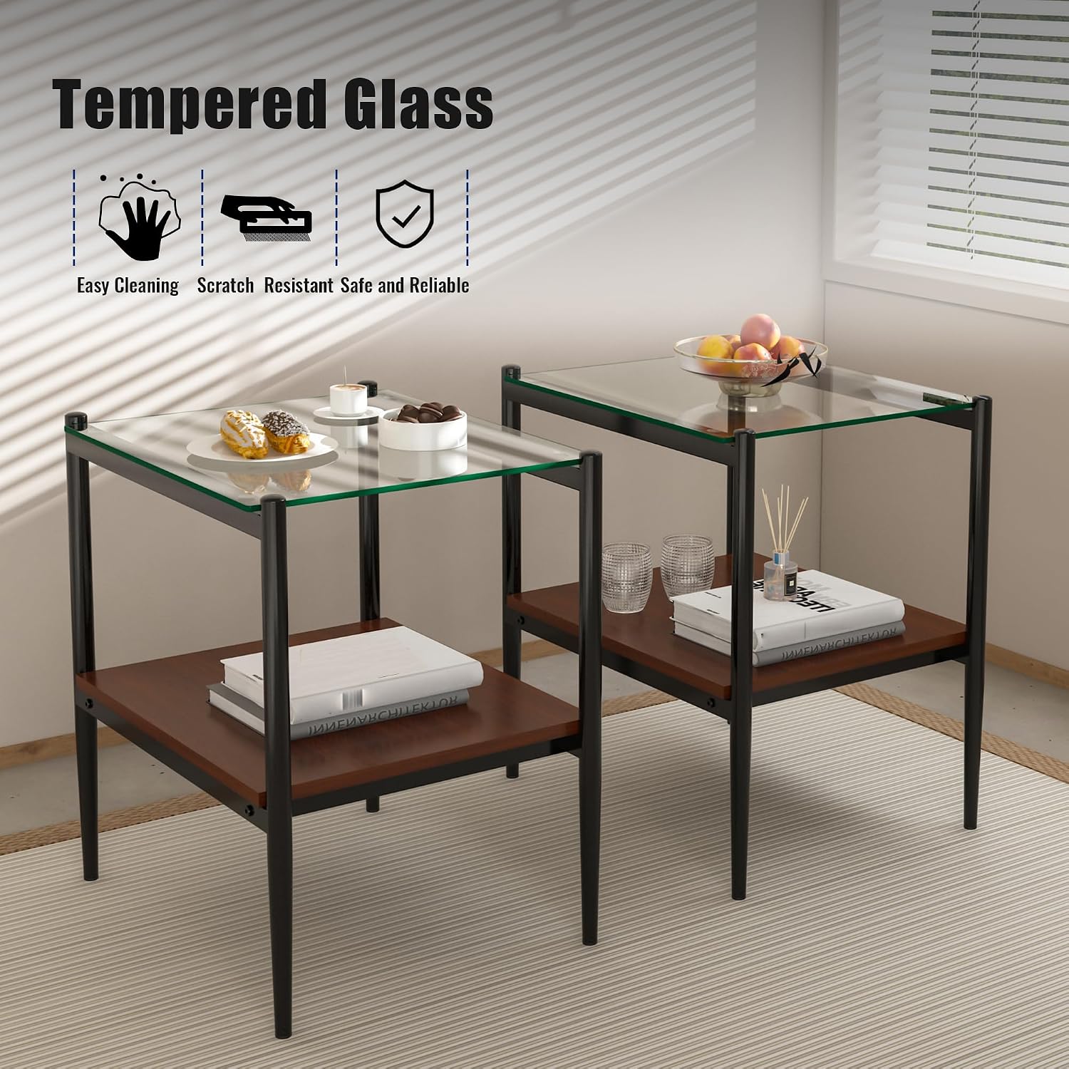 Modern Rectangle End Table Set of 2, Tempered Glass Tabletop with MDF Shelf, 19.1 Inch Side Table Pair for Living Room Bedroom, Easy Assembly Iron Leg Tables,Style 1