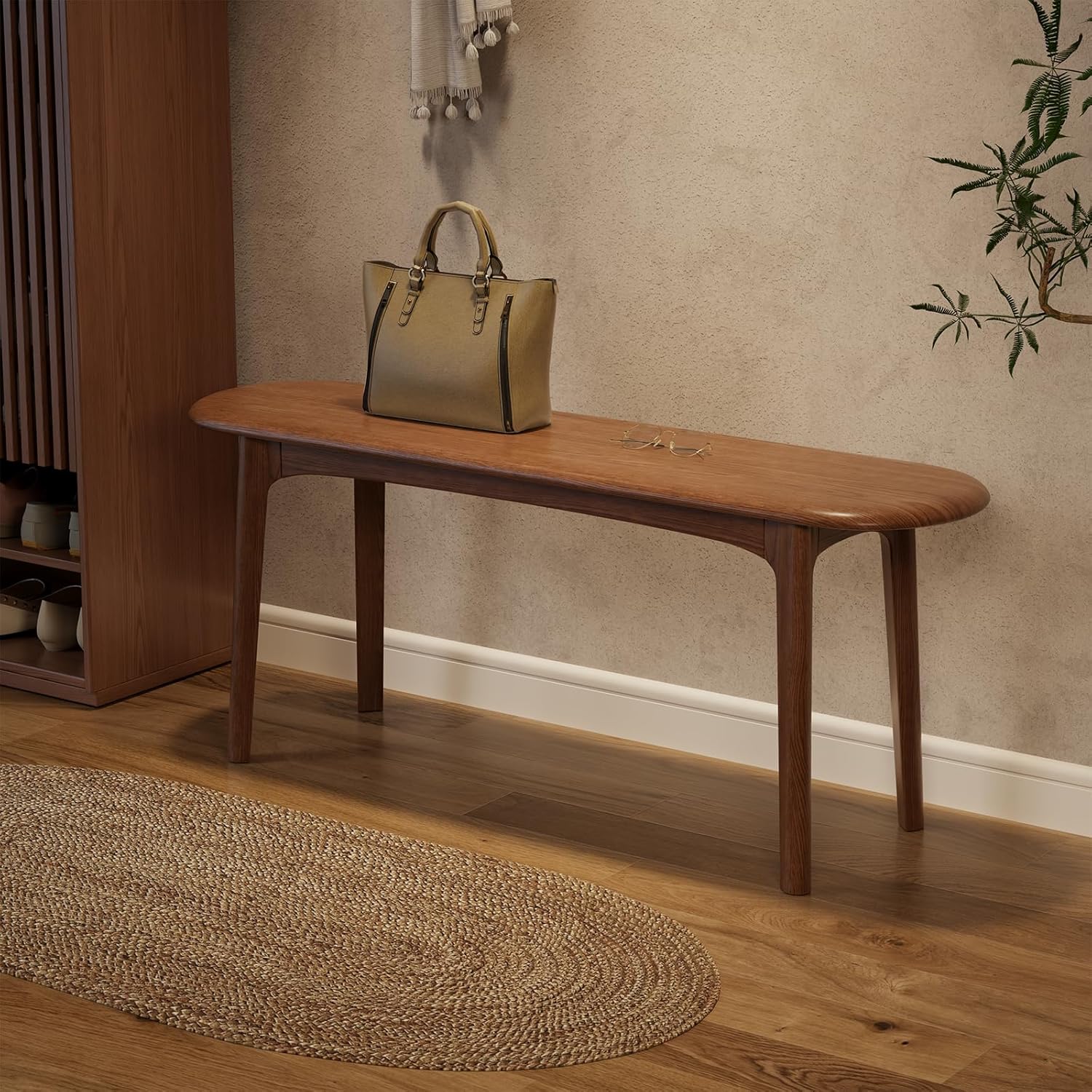 DONGMUWUEJEE 100% Solid Wood Dining Bench, Wood Bench for End of Bed with Rounded Corners, Entryway Benches for Farmhouse, Kitchen, Living Room and Plant Stand (Walnut, 39.4" D x 11.8" W x 19.7" H)