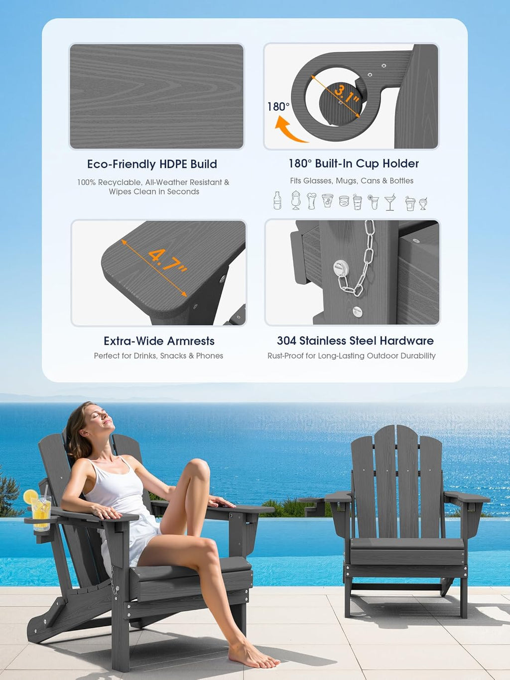 KINGYES Adjustable Folding Adirondack Chair Set of 2, 3-Position Reclining Adirondack Chairs with Cup Holder, HDPE All-Weather Oversized Adirondack for Outdoor, Patio, Backyard Deck, Fire Pit, Gray