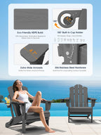 KINGYES Adjustable Folding Adirondack Chair Set of 2, 3-Position Reclining Adirondack Chairs with Cup Holder, HDPE All-Weather Oversized Adirondack for Outdoor, Patio, Backyard Deck, Fire Pit, Gray