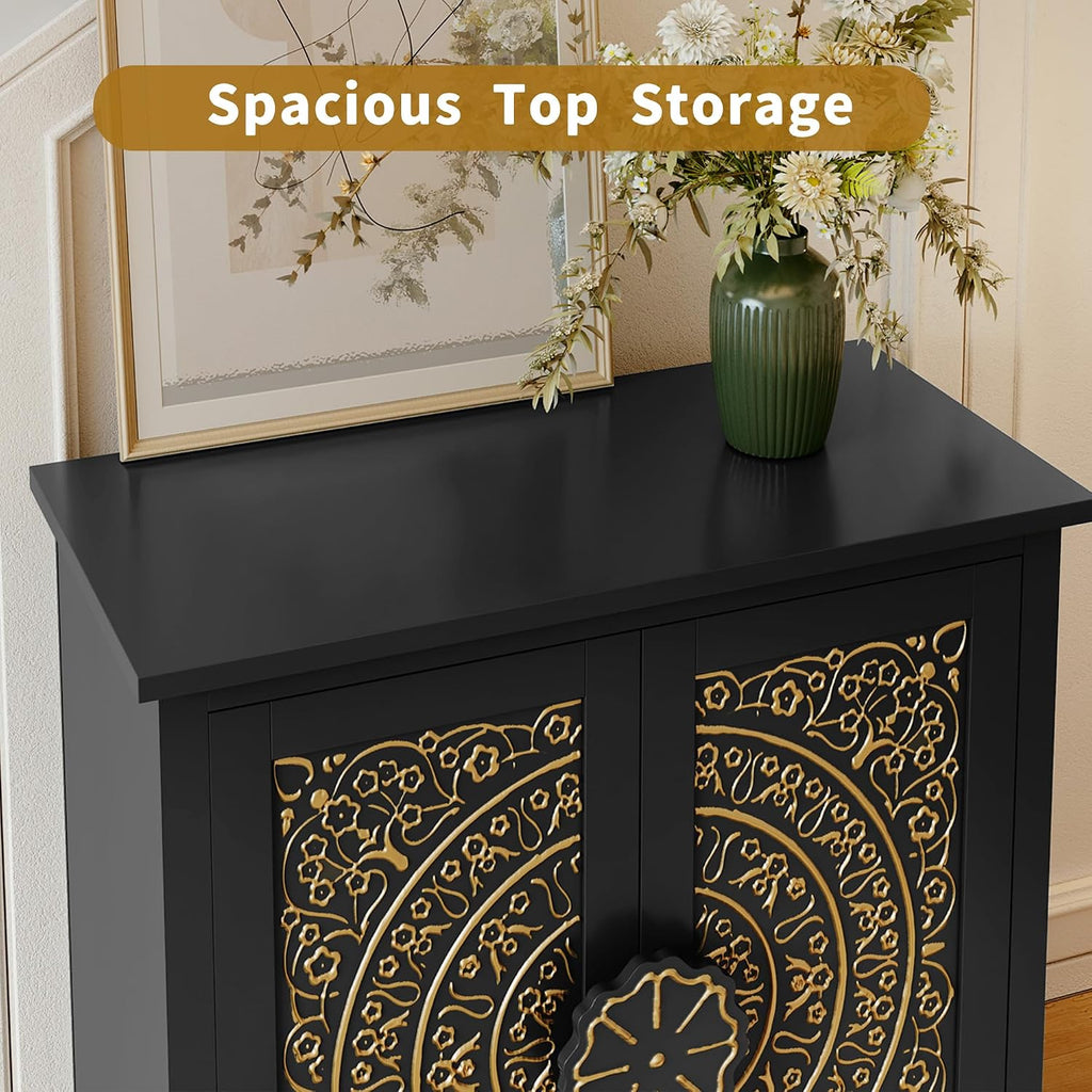 ARTPOWER Embossed Accent Cabinet Set of 2, Vintage Sideboard Buffet Cabinet, Credenza Storage Cabinets with Doors and Shelves for Living Room, Dining Room, Entryway, Hallway, Black