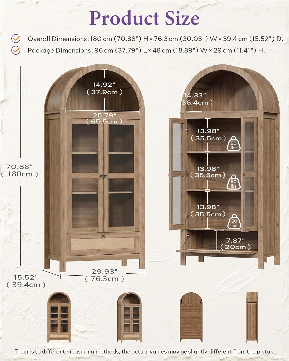 TYBOATLE 71" Tall Arched Pantry Cabinet with Innovative Drawer, Kitchen Cabinet with Anti-Tipping Device and Glass Door, Versatile Cupboard for Kitchen, Dining, Natrual
