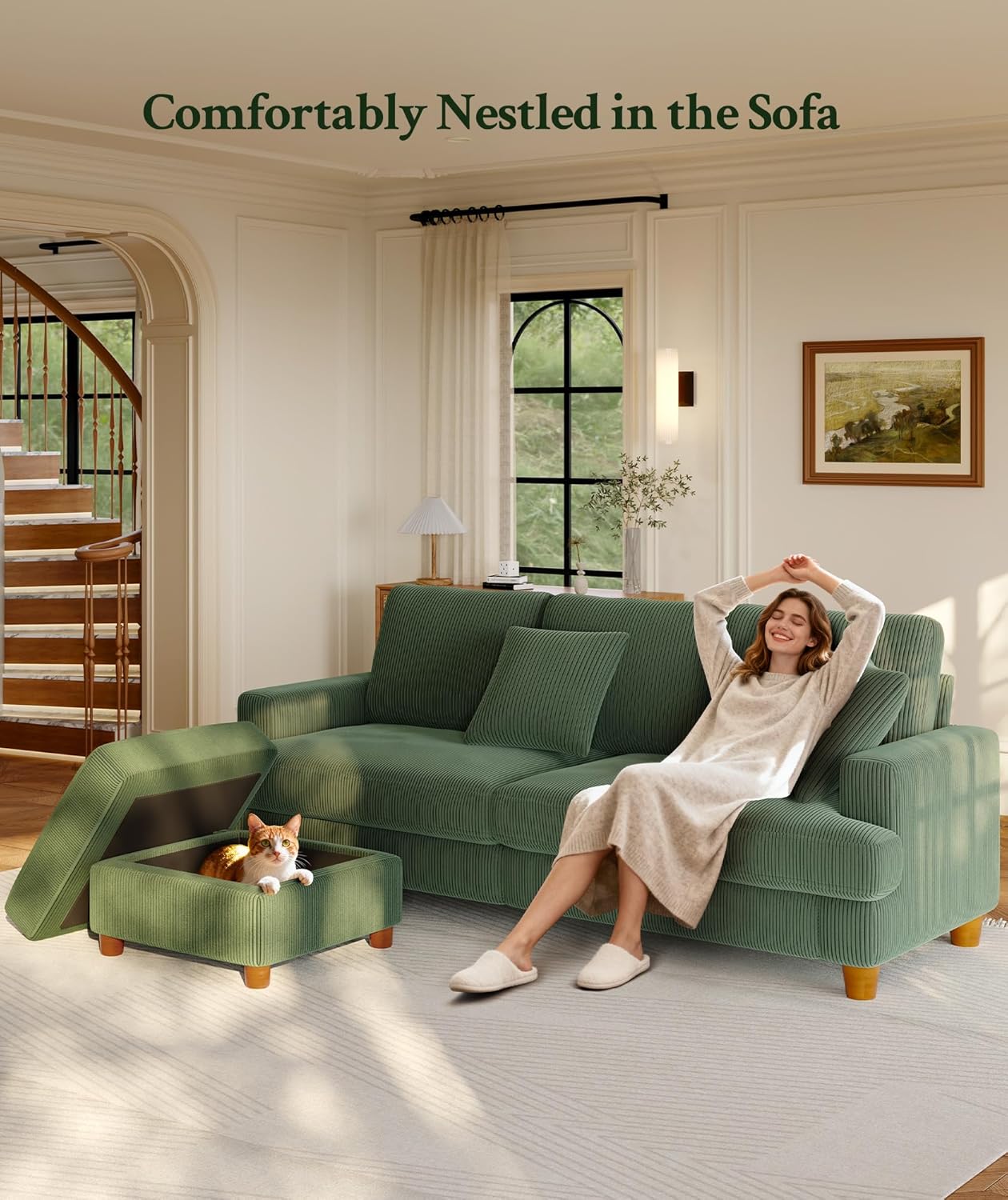Welzona 87.2" Couches for Living Room, Comfy Green Couch 7.5" Extra Thick Cushion, Sofas for Living Room Tool-Free Setup, Loveseat Sofa 848lbs Support, Corduroy Couch for Bedroom, Apartment, Office