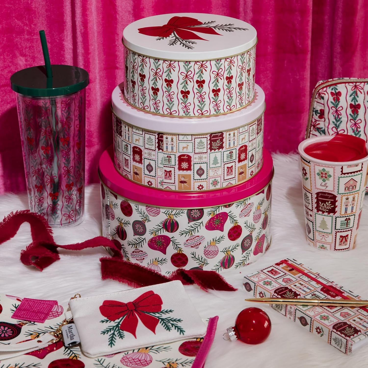 Martha Stewart Metal Cookie Tins, 3-Piece Nesting Set, Small, Medium & Large, Christmas Containers for Gift & Storage (Ornaments and Bows)