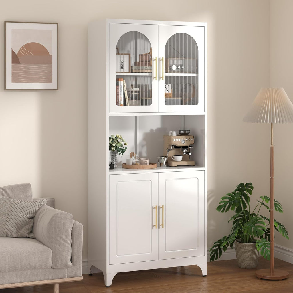 Kitchen Pantry Cabinet with Acrylic Glass Doors, 75" Freestanding Food Pantry with Countertop, Adjustable Shelves, Metal Cabinet for Living, Dining Room, White, Assembly Required