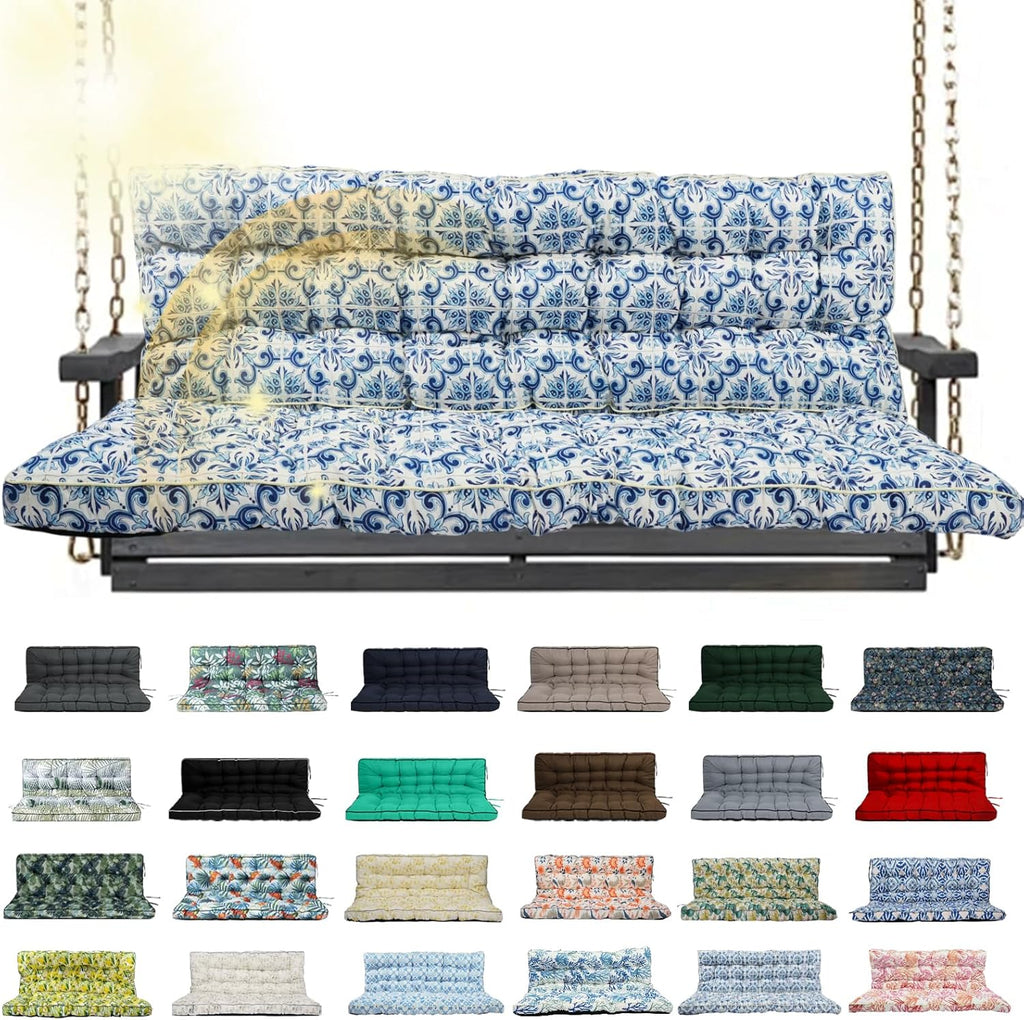 Porch Swing Cushion Three Seat, Waterproof Swing Cushions Replacement with Backrest, Outdoor Garden Furniture Patio 4" Thickened Cushions with Ties (Blue Print, 40 x 63in)