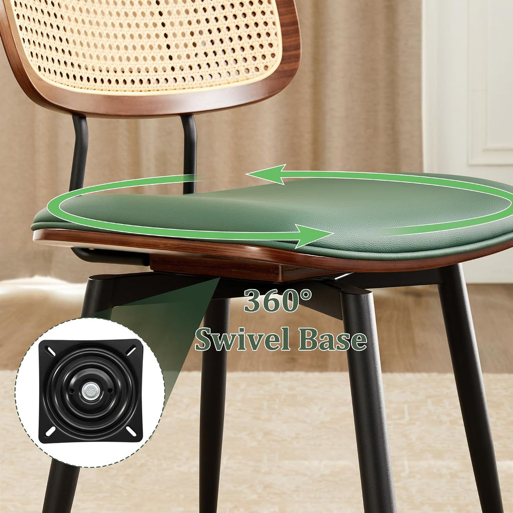 Swivel Dining Chairs with Rattan Back, Modern Green Leather Dining Chairs Set of 2, Swivel Dining Room Chairs Kitchen Side Chairs with Metal Legs and Upholstered Seat for Kitchen & Restaurant