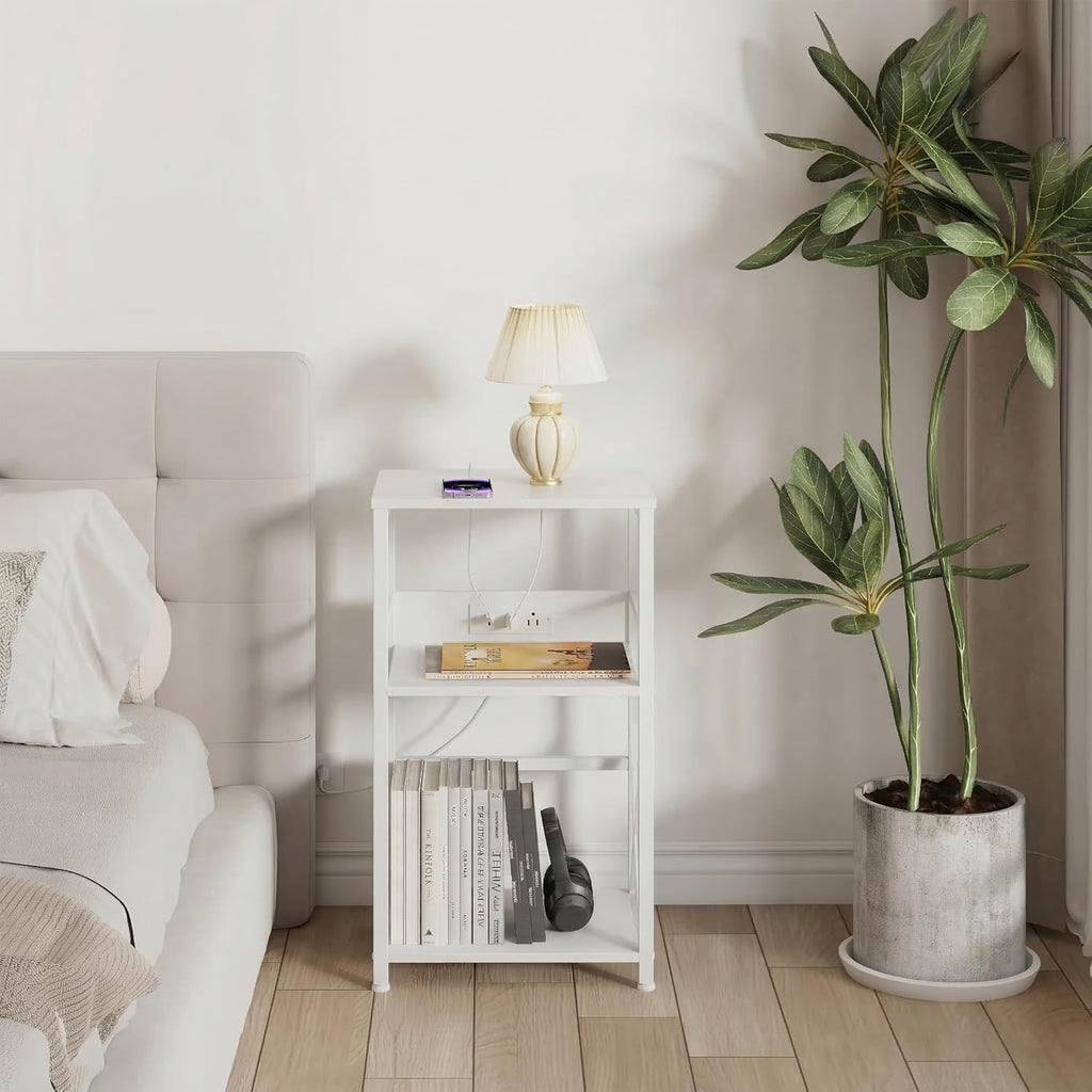 DALEMHOME Record Player Stand with Charging Station, 3-Tier Side Table for 100 Vinyl Storage, End Table for Living Room, Bedroom, White HKET1001WT