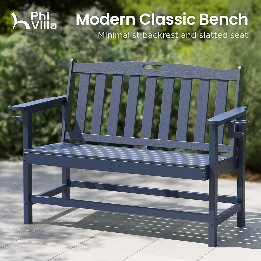 PHI VILLA 50 Inches HDPE Outdoor Bench Weatherproof Garden Bench with 700 lbs Capacity, 2-Person Patio Benches for Outside, Park, Yard and Porch, Navy Blue