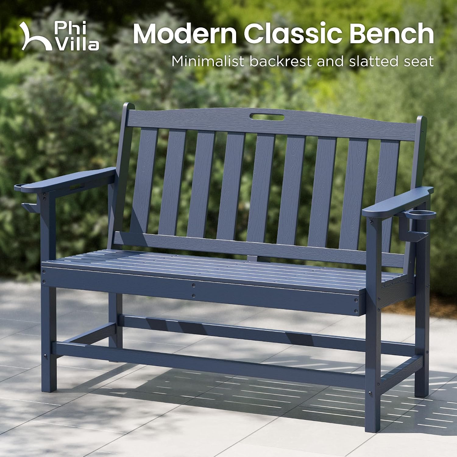 PHI VILLA 50 Inches HDPE Outdoor Bench Weatherproof Garden Bench with 700 lbs Capacity, 2-Person Patio Benches for Outside, Park, Yard and Porch, Navy Blue