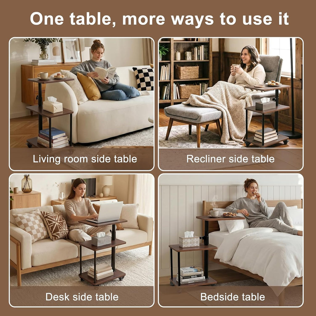 Modern Farmhouse Rolling Side Table with Wheel for Living Room, Adjustable Height Swivel End Table for Different Seating Types, Ideal for Couch, Sofa, Recliner and Living Room, Walnut-Look