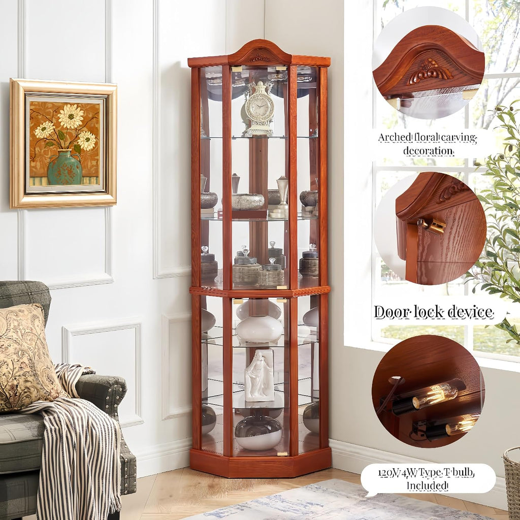 Classical Glass Cabinet Lighted, Wine Cabinet with Adjustable Glass Shelves, for Living Room Corridor,for Kitchen Home