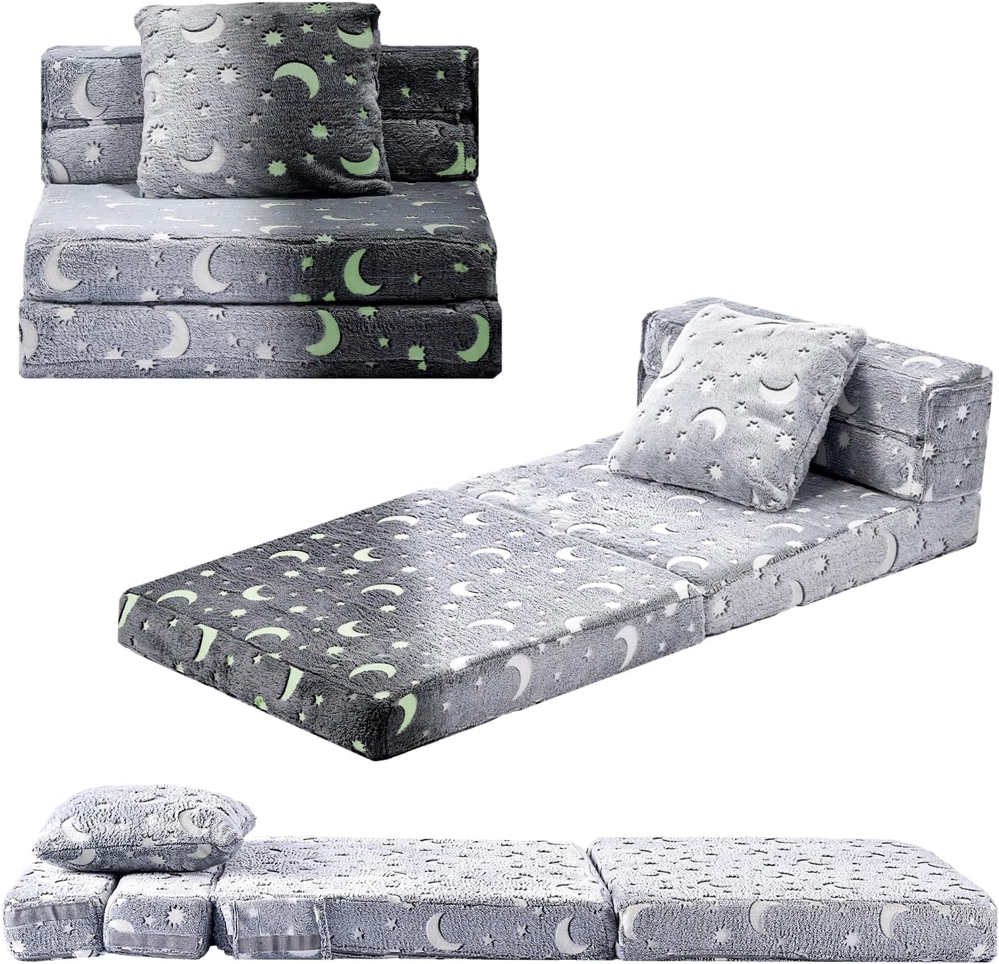 VEVOR 3-in-1 Kids Sofa, Foldable Toddler Soft Couch, Glow in The Dark Kids Couch Fold Out with 28D Sponge & Flannel Fabric, Convertible Toddler Chair to Lounger for Reading, Playing, Gaming, M, Gray