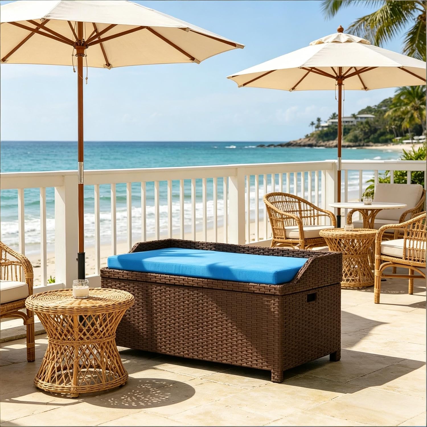 2-in-1 Outdoor Wicker Storage Bench with Cushion - 34 Gallon Patio Deck Box with Gas Struts - Weather-Resistant Aluminum Garden Bench for Porch, Pool & Backyard