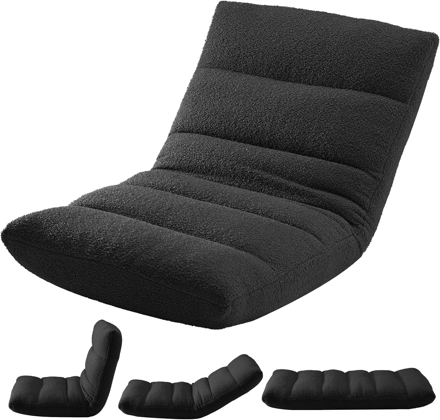 DUMOS Folding Floor Chair with Back Support, Adjustable 14-Position Floor Seating with Comfy Teddy Velvet for Adults & Kids, Reading, Gaming, Meditation, Watching, Black