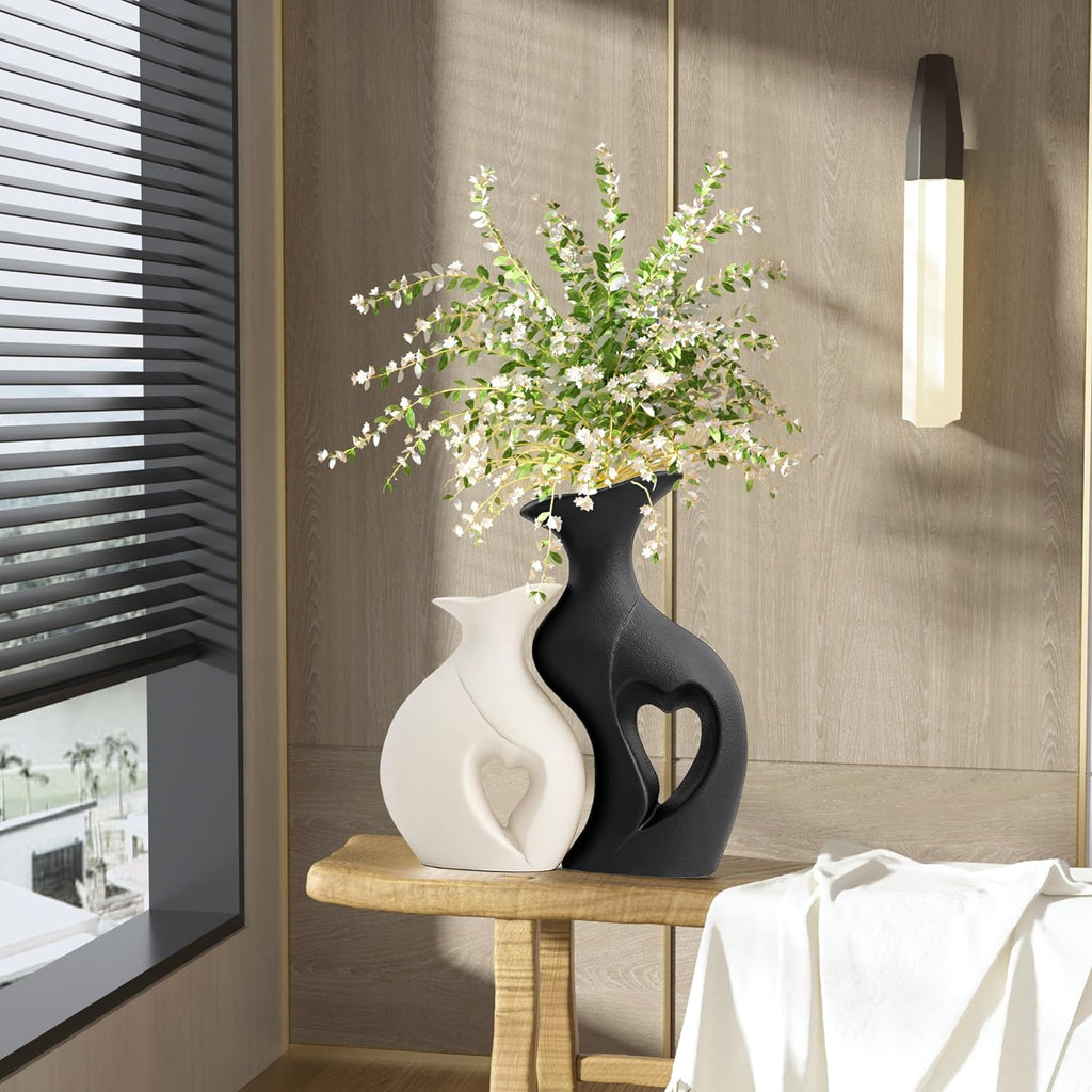 Black and White Vase Heart Shape Ceramic Vase Set of 2,Modern Boho Hollow Flower Vases,Nordic Aesthetic Decor,Decorative Vases for Room,Home Book Shelf,Fireplace,Table Decor