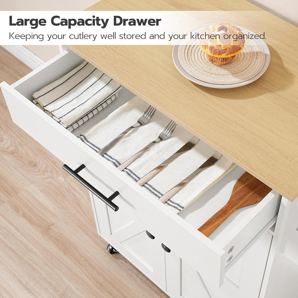 HOOBRO Kitchen Island with Power Outlet, Rolling Kitchen Island with Large Worktop, Kitchen Island Cart with Spice Rack and Drawer, Island Table for Dining Room, White and Natural WN88UZD01