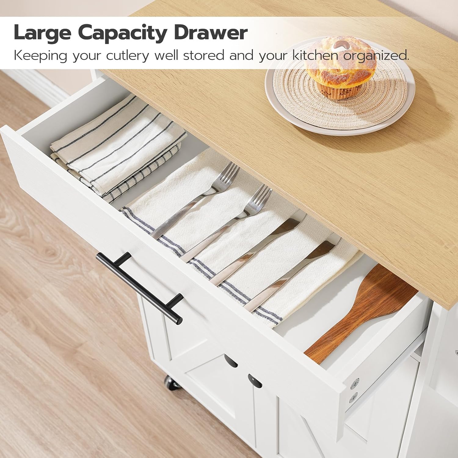 HOOBRO Kitchen Island with Power Outlet, Rolling Kitchen Island with Large Worktop, Kitchen Island Cart with Spice Rack and Drawer, Island Table for Dining Room, White and Natural WN88UZD01