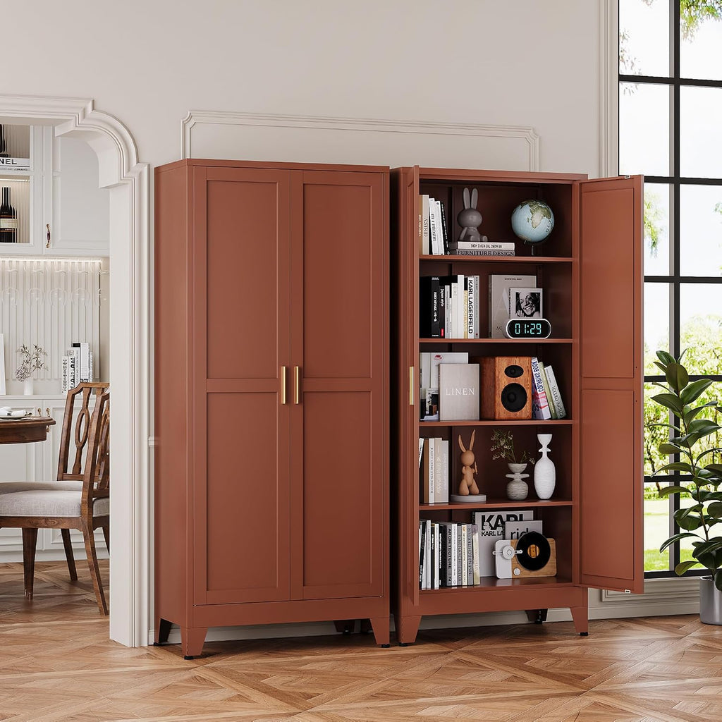YAUWOH 71''Metal Cabinet with 4 Adjustable Shelves,5-Tier Pantry Storage Cabinet,Kitchen Pantry Cabinet for Living Room,Dining Room(1PC,Brown)