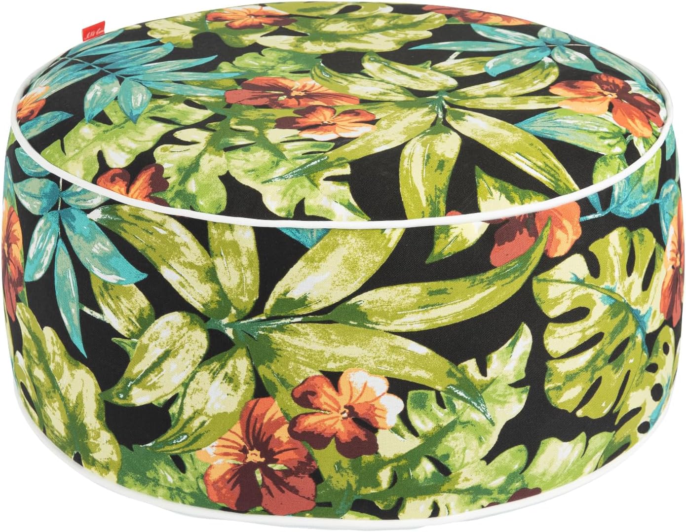 Outdoor/Indoor Inflatable Ottoman Pouf D20 xH9, All Weather Round Footstool with Handle, Water Repellent Portable Footrest for Patio Garden Camping Travel-Tropical Green Leaves