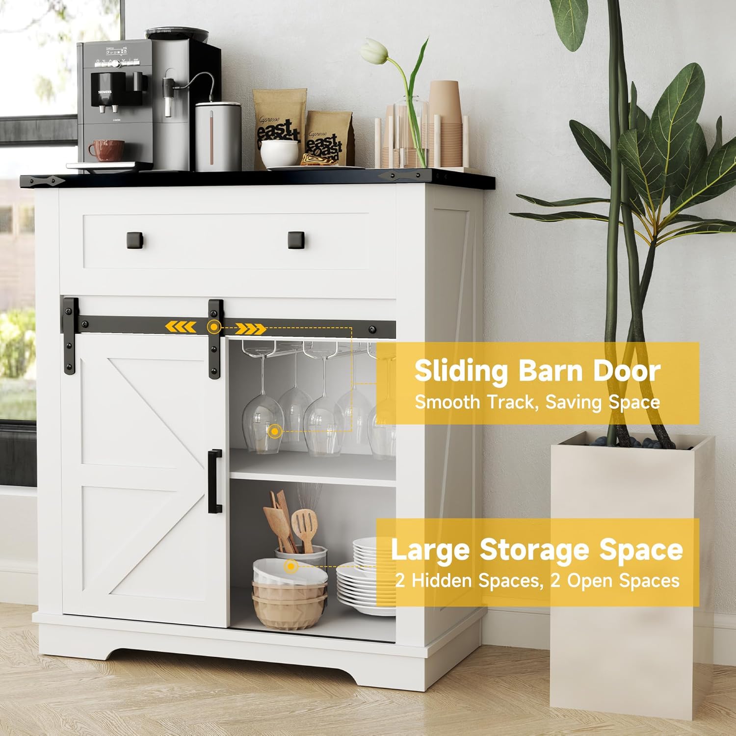 32" Farmhouse Coffee Bar Cabinet with Sliding Barn Door & Drawers, Buffet Table with Storage, Kitchen Sideboard Storage Cabinet with Wine Glass Rack for Living, Dining Room, White